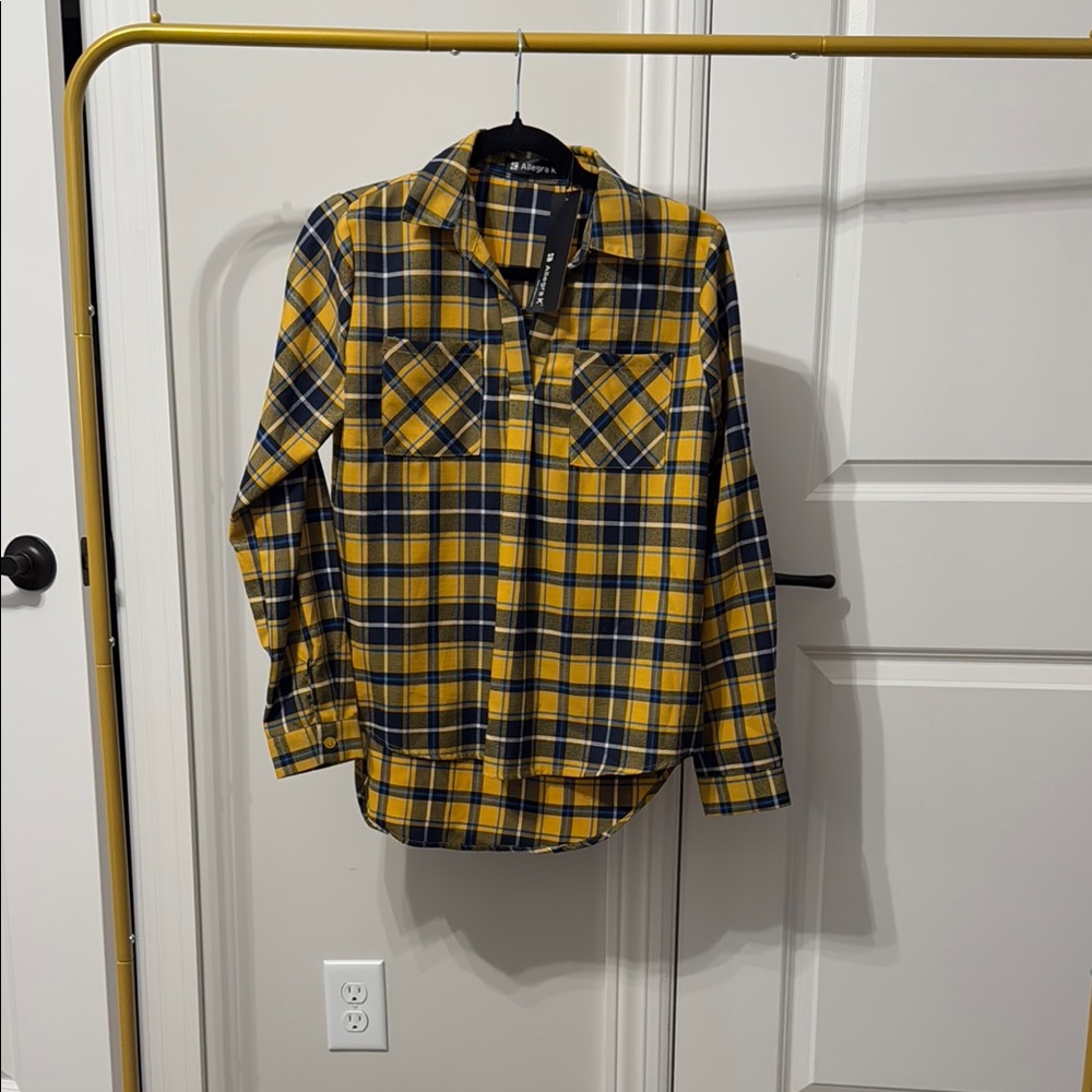 Allegra K Yellow and Blue Plaid Women's Top